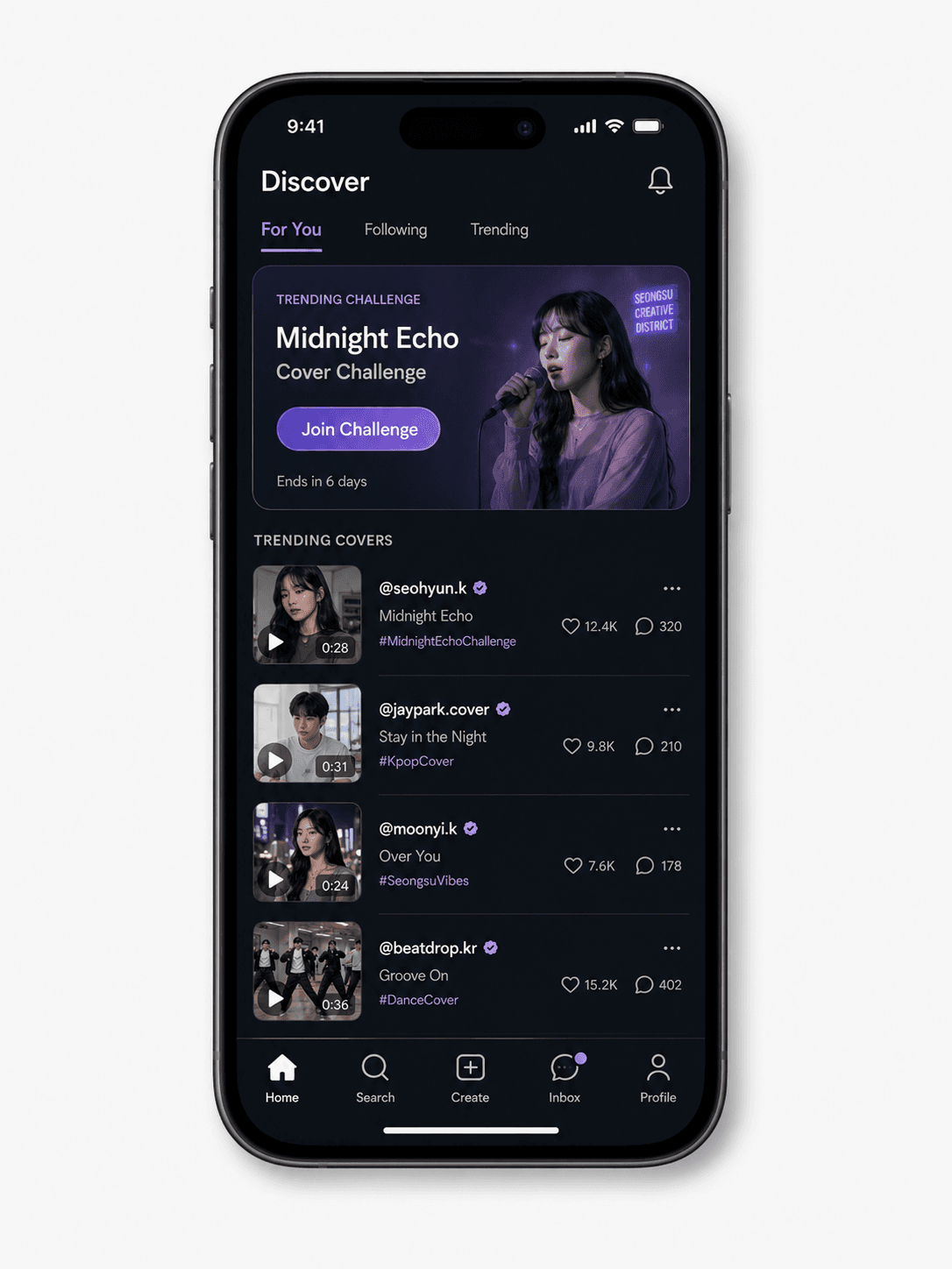 Lyrica Discover screen showing a cover challenge and creator posts.