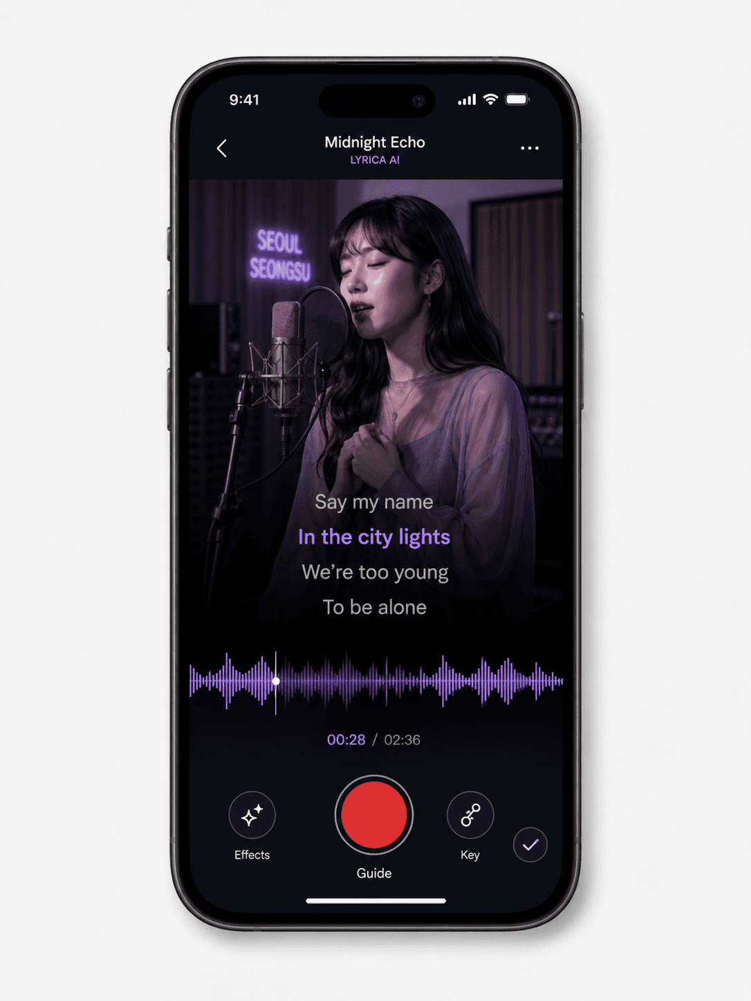 Lyrica recording screen with lyrics and waveform.